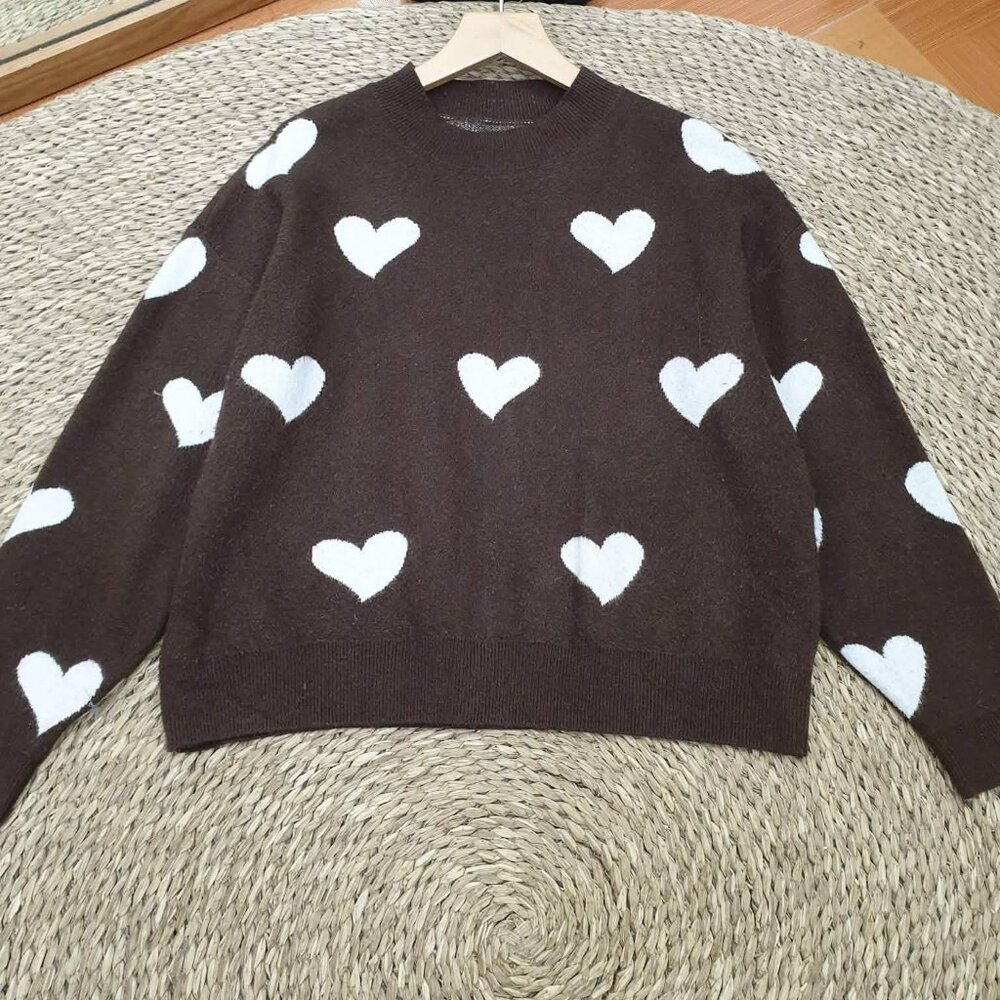 Chocolate Brown White Heart Knit Sweater Cozy Cute Pullover Top